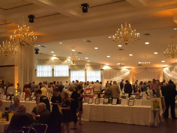 Guests browsing silent-auction tables in a chandelier-lit banquet hall