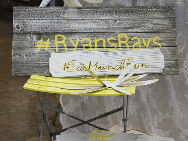 Decorated wooden signs on a chair reading #RyansRays, beside chalkboard and painted sun signs