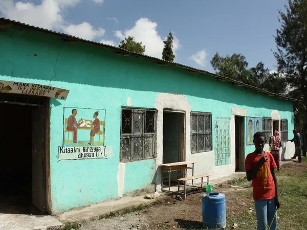 A boy standing outside a green-painted school building with illustrated murals on the wall